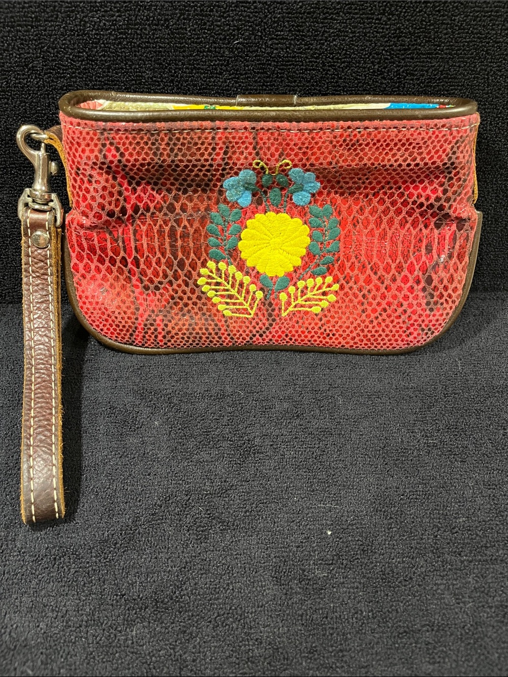 Consuela Red Embroidered Wristlet Clutch with Brown Strap